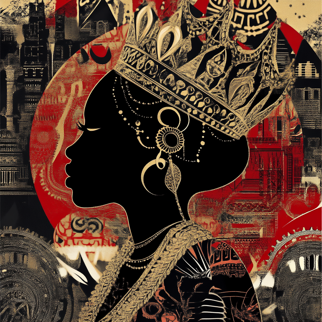 Intricate African queen silhouette with vibrant red, white, gold.