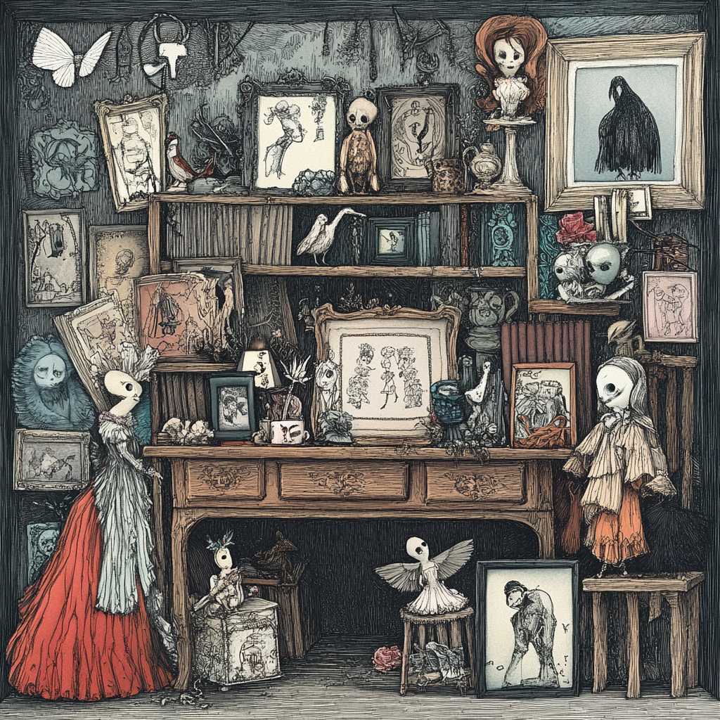 Intricate Edward Gorey-style illustration of abandoned theatrical stage