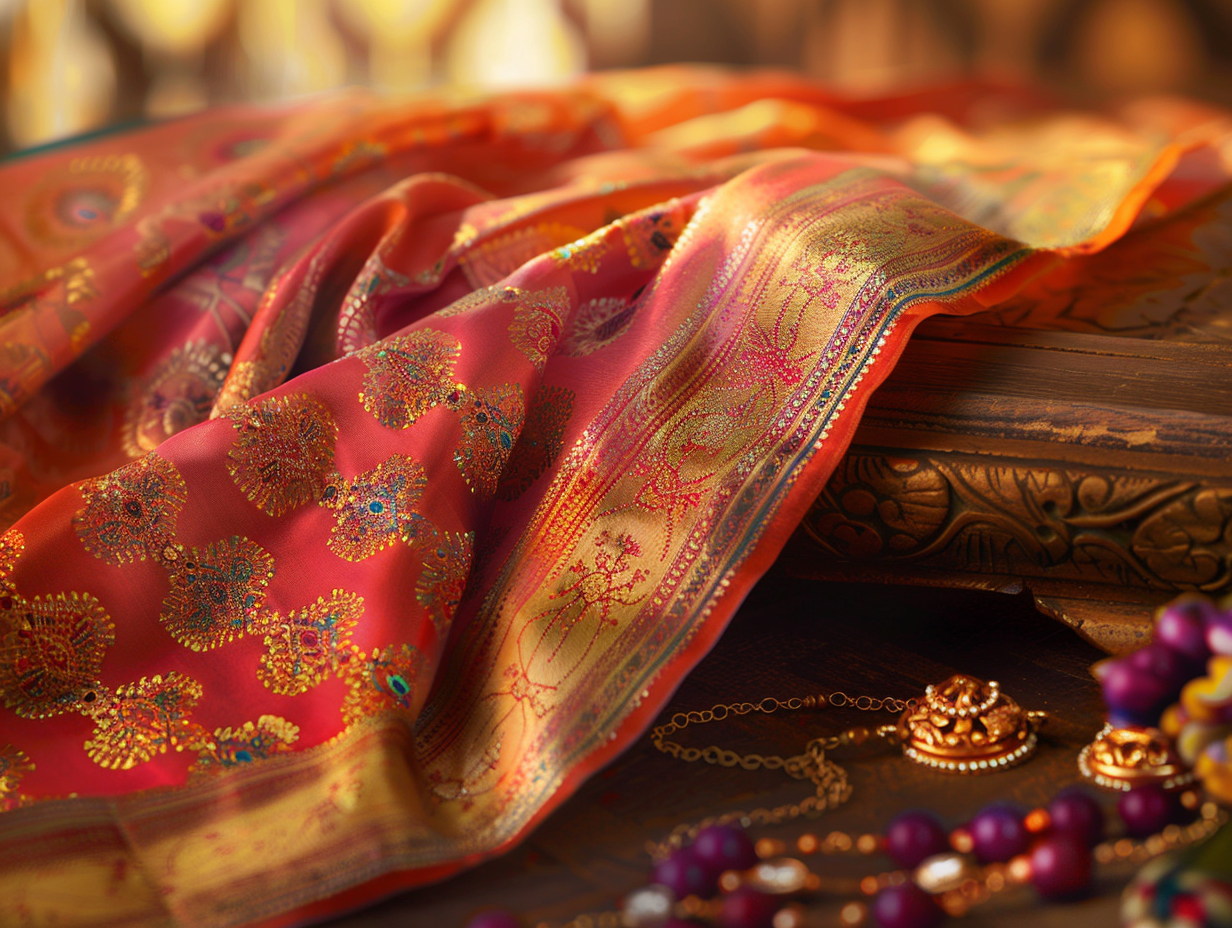 Intricate Saree Design on Wooden Table, Jewelry Nearby