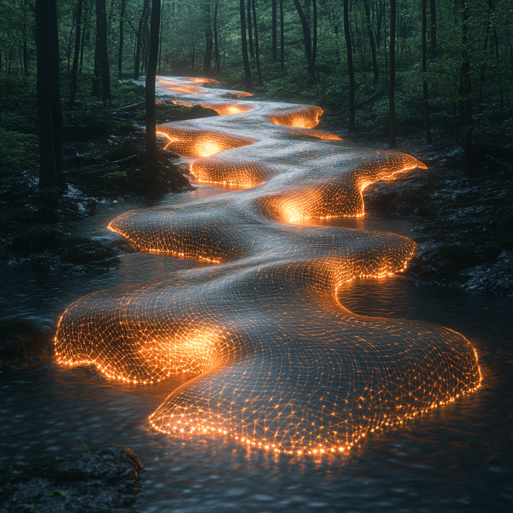 Intricate algebraic forest waterfall in fire style pattern landscape.