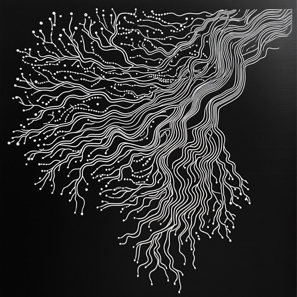 Intricate black and white blockchain tree design.