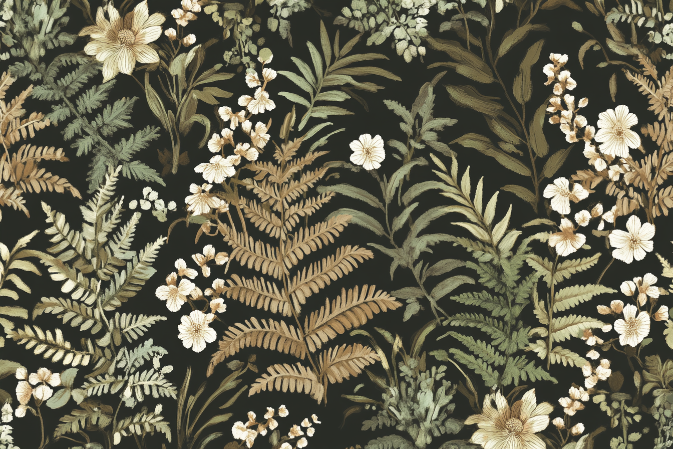 Intricate botanical wallpaper in muted tones against dark background.