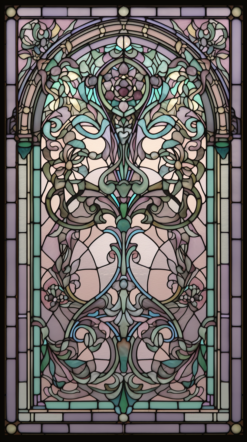 Intricate floral design stained glass window with weathered texture.