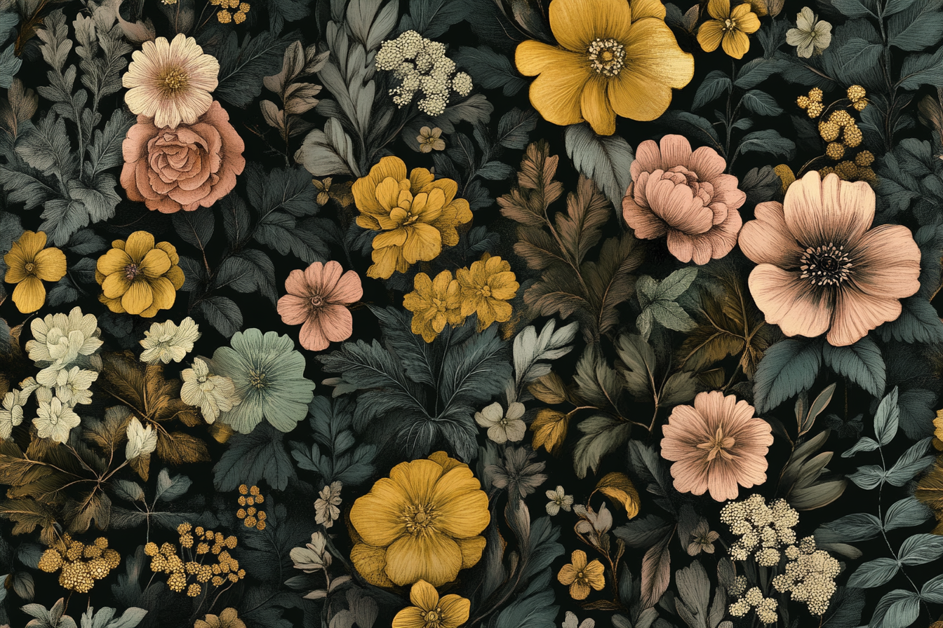 Intricate floral pattern with yellow, pink, green flowers.