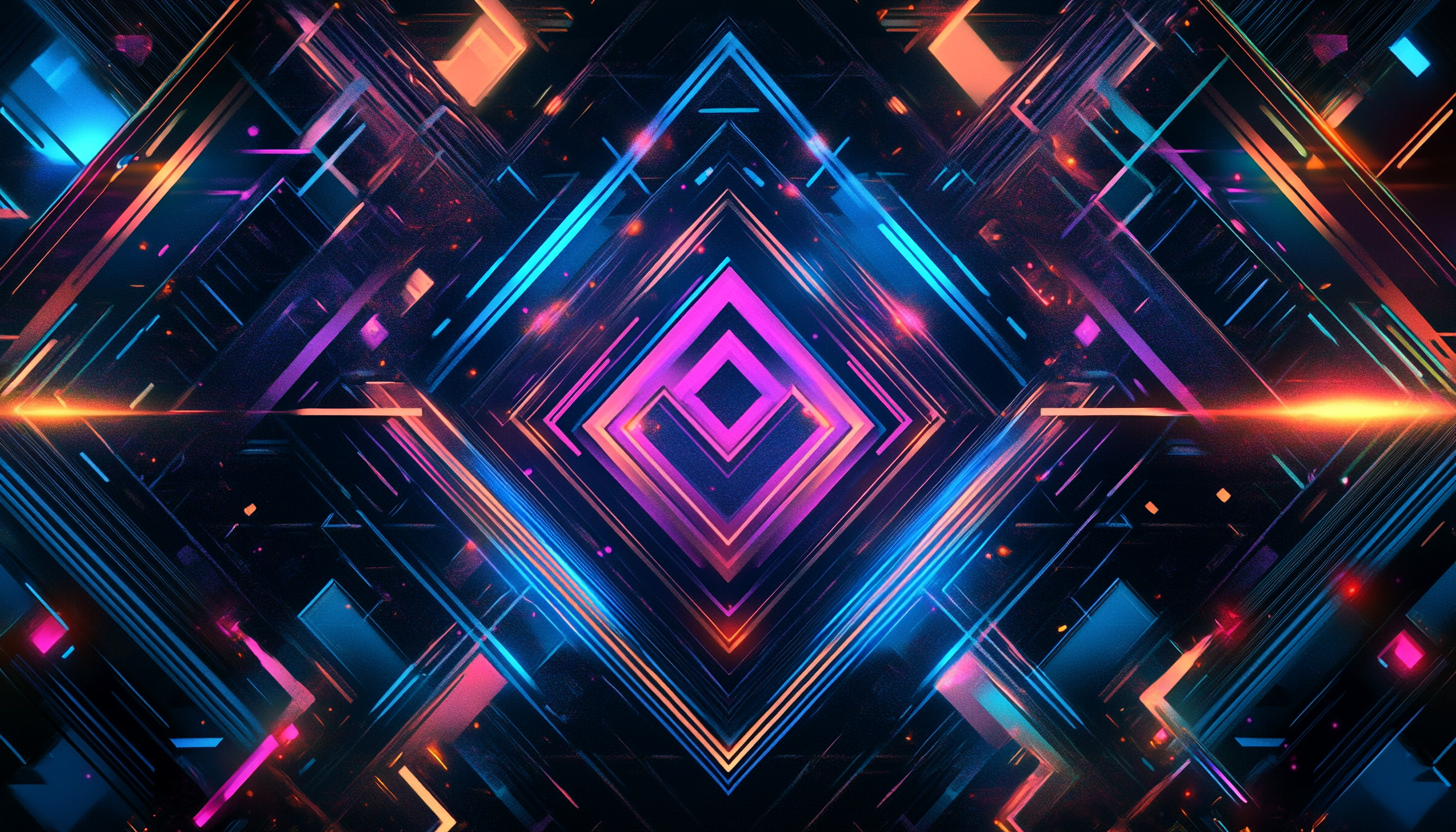 Intricate geometric pattern in vibrant neon colors on dark background.