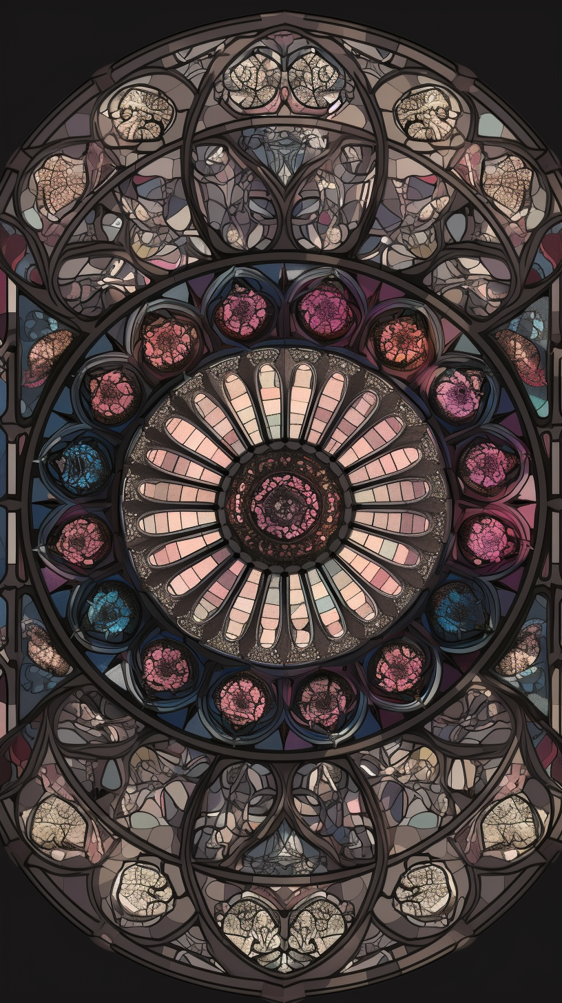 Intricate gothic stained glass rose window in dark pastels.