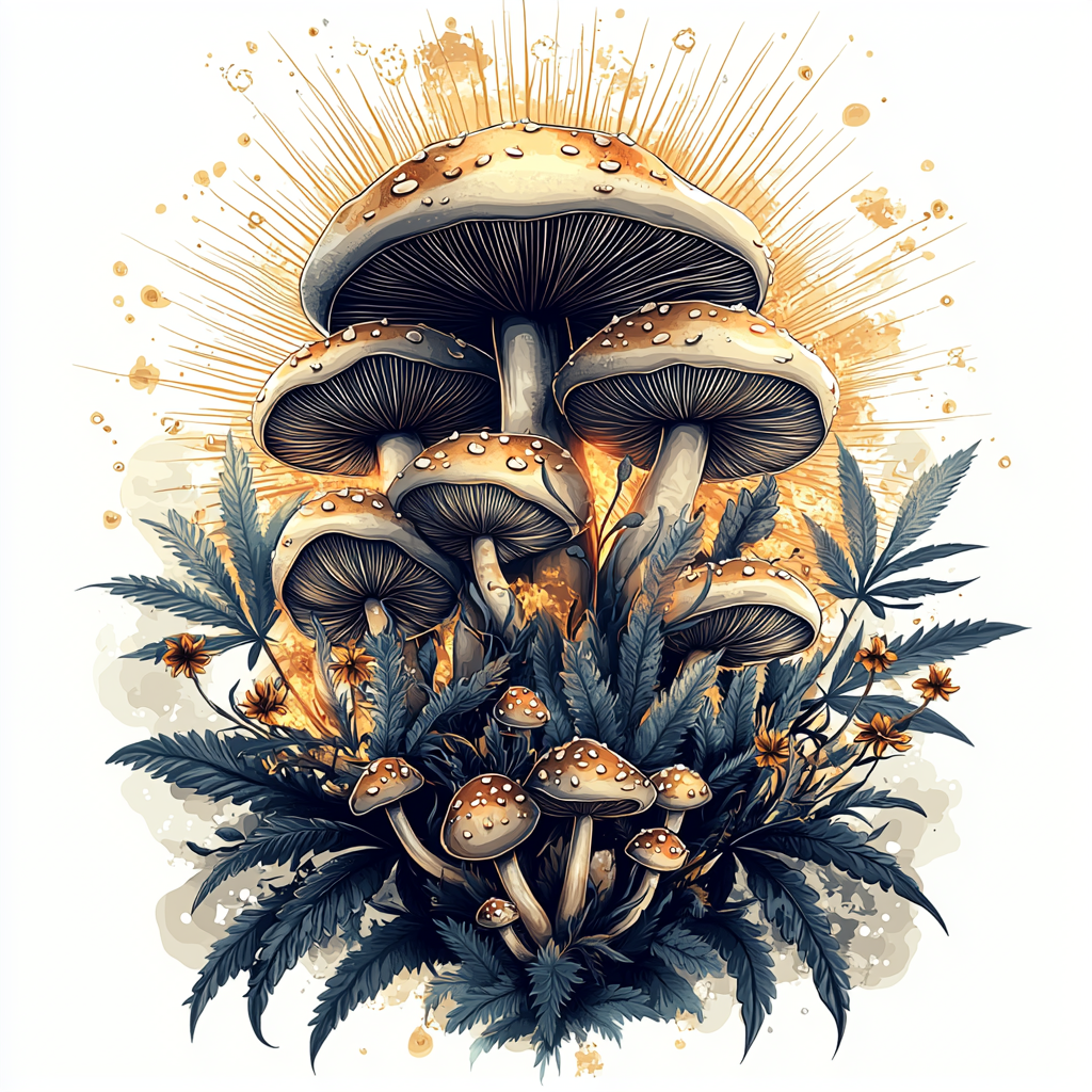 Intricate logo with mushrooms, sunshine, love, shop, cannabis.