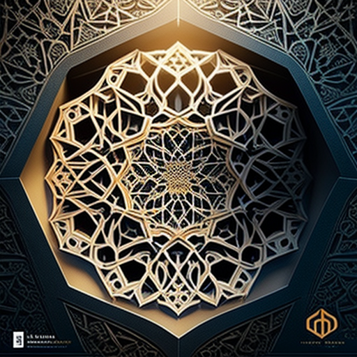 Intricate moqarnasat and Islamic geometric patterns glow in poster.