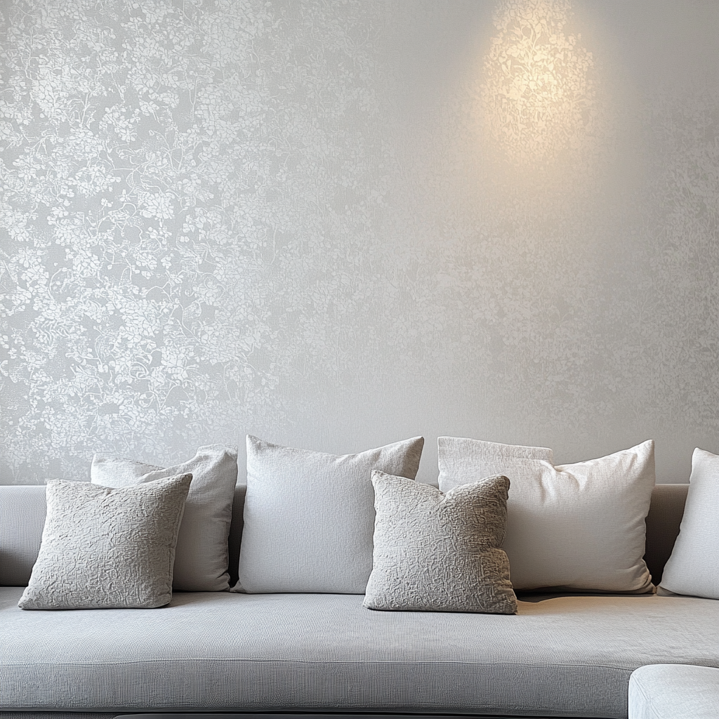 Intricate patterns and textures on the white living room wall.