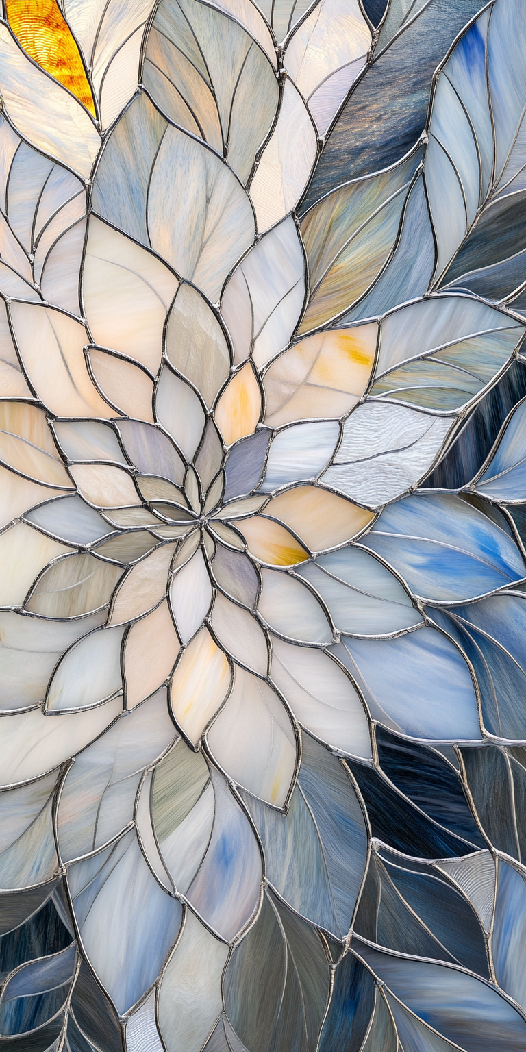 Intricate stained glass Dahlia art on tall vase.