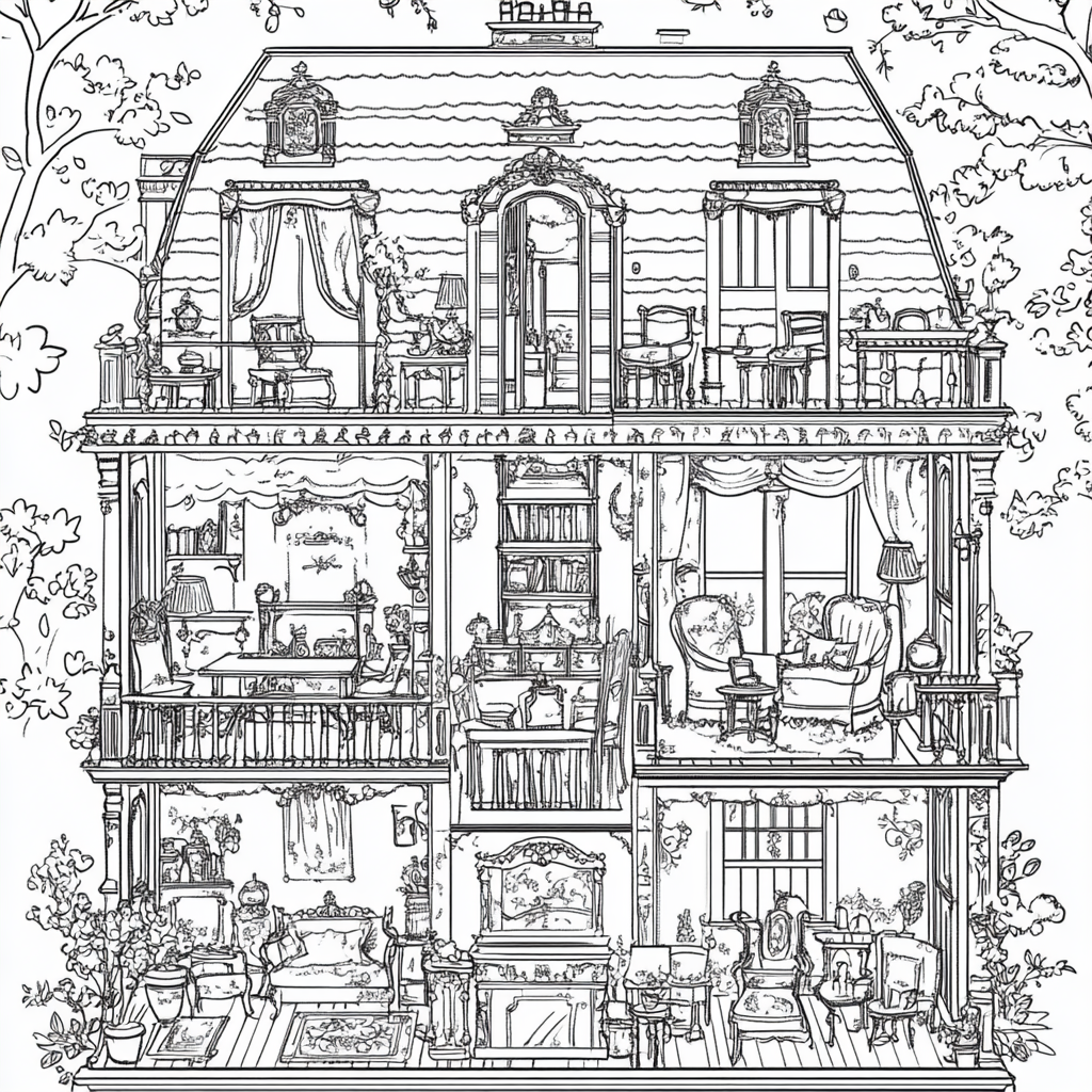 Intricately designed dollhouse coloring page with miniature furniture.