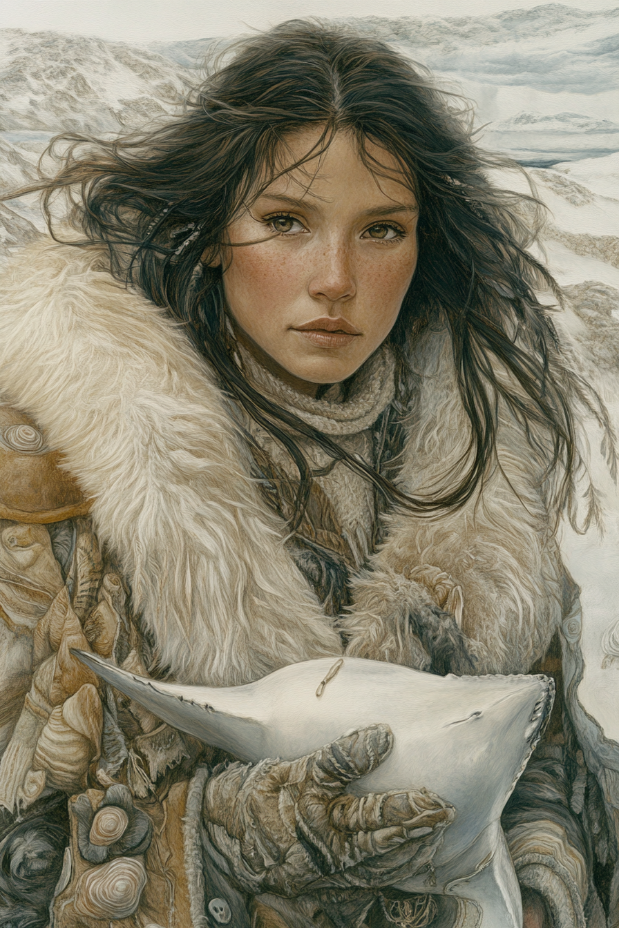 Inuit goddess Nerrivik with flowing hair holding seashells.