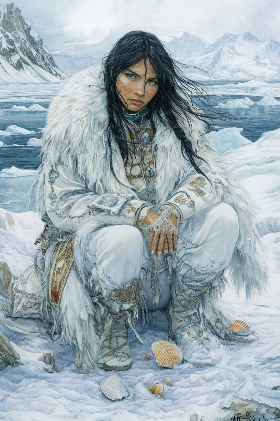 Inuit sea goddess Nerrivik with flowing hair, peaceful face.