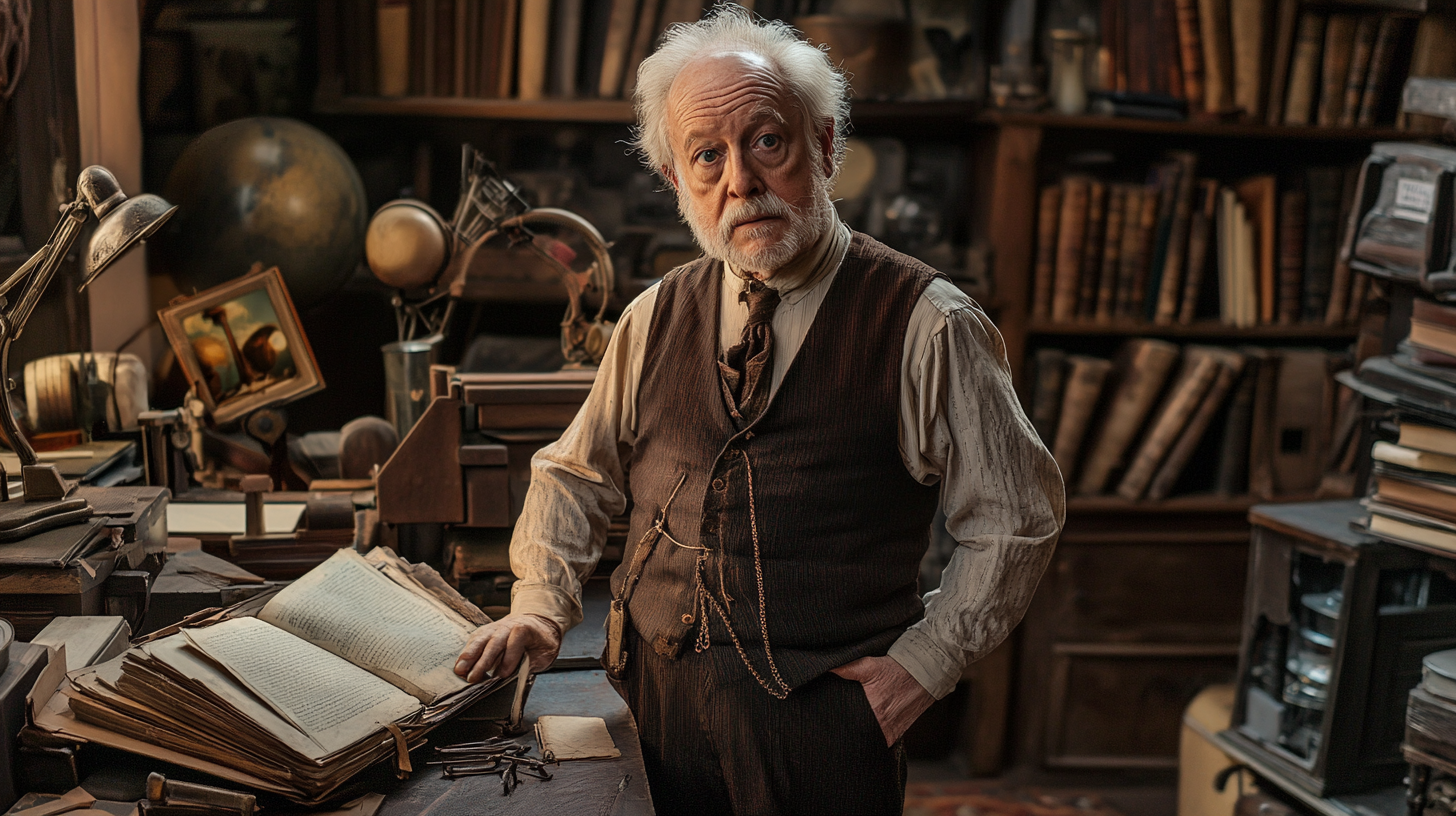 Inventor resembling Anthony Hopkins in 19th century office