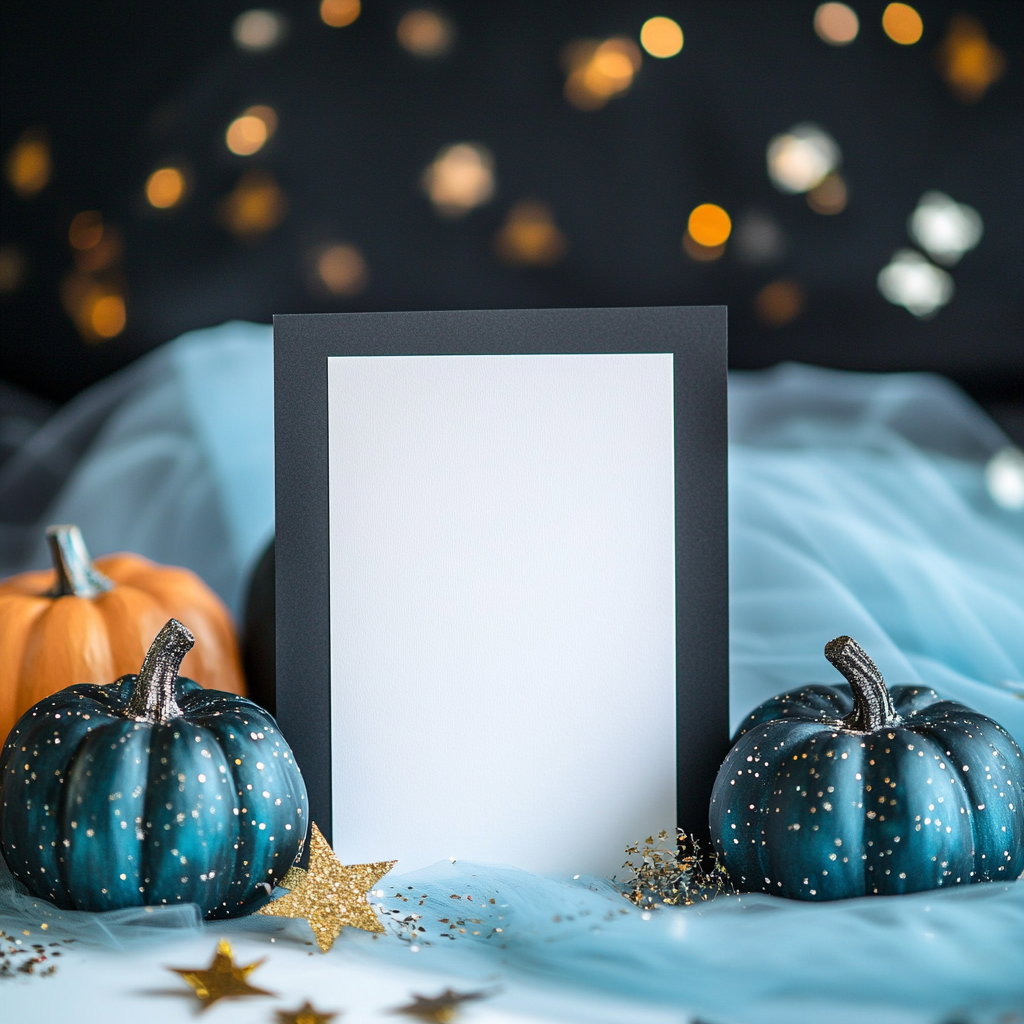 Invitation mockup card with pumpkins, stars, and glitter.