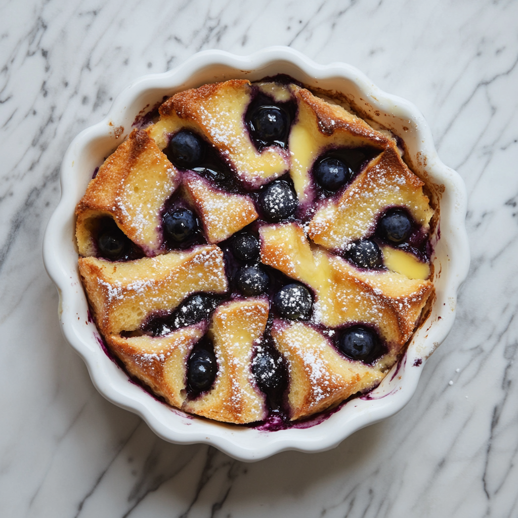 Inviting Blueberry Bread and Butter Pudding with lacy texture.