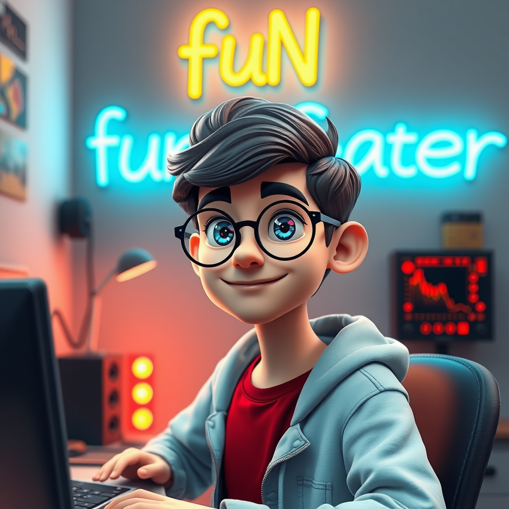 Iranian Boy Programming under Neon 'FuN GAer' Sign