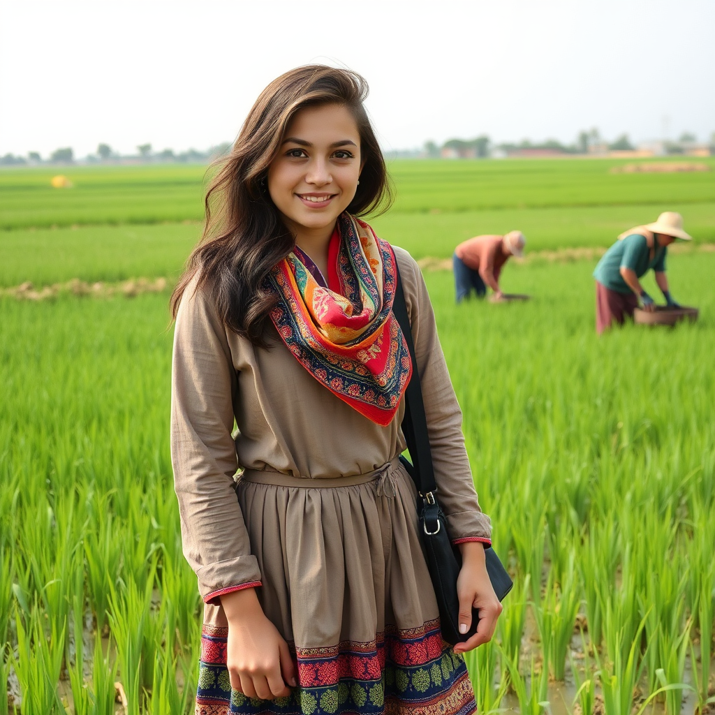 Iranian Muslim girl smiles in outfit at paddy field.