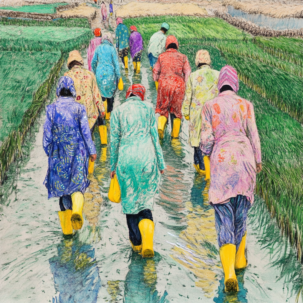 Iranian farmers cultivating rice in green, rainy atmosphere. Symmetric layout.