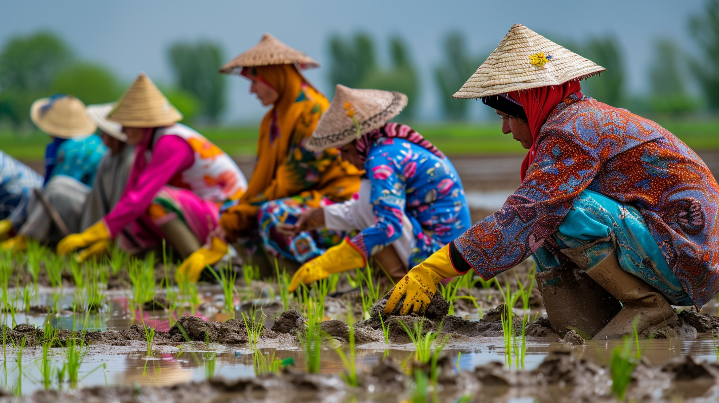 Iranian farmers in field wearing colorful hats planting seedlings.