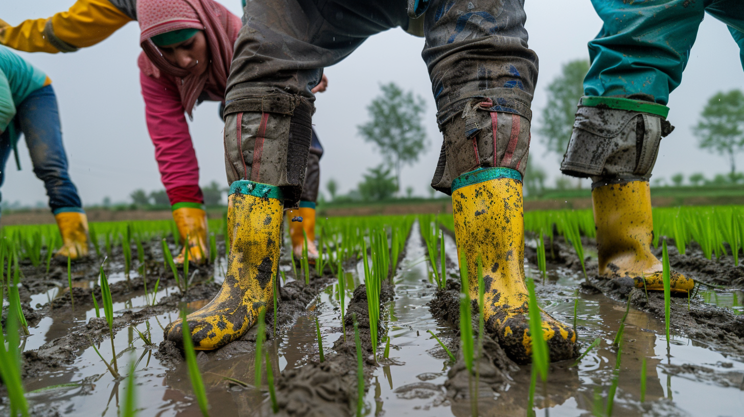 Iranian farmers plant rice seeds in grasslands field.