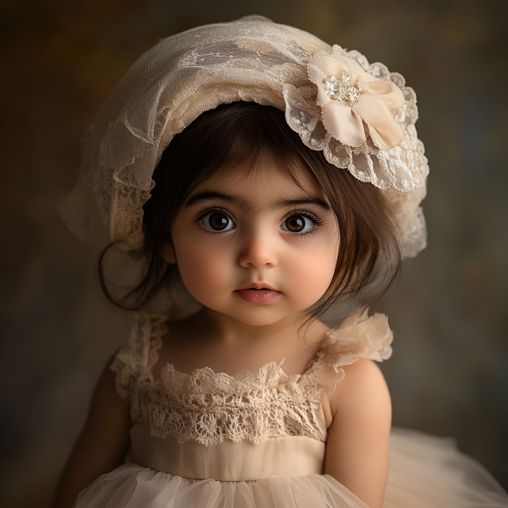 Iranian girl in tulle dress and hat with lace.