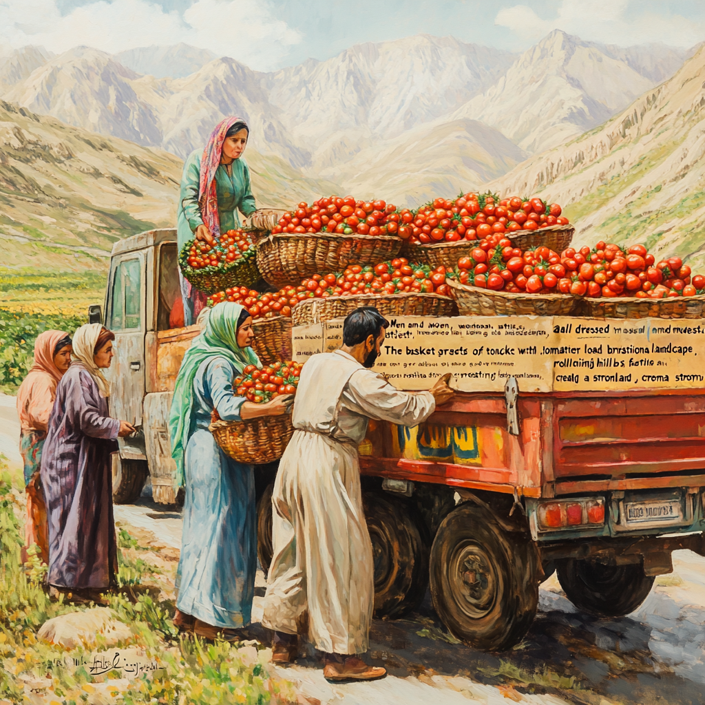 Iranian men and women load tomatoes in rural setting