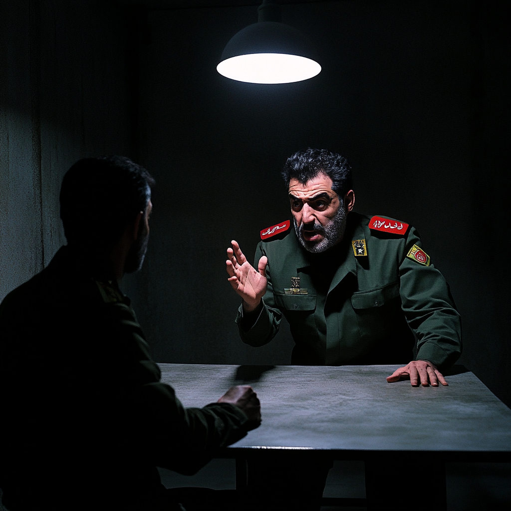 Iranian military officer interrogating shadowy figure in dark room.