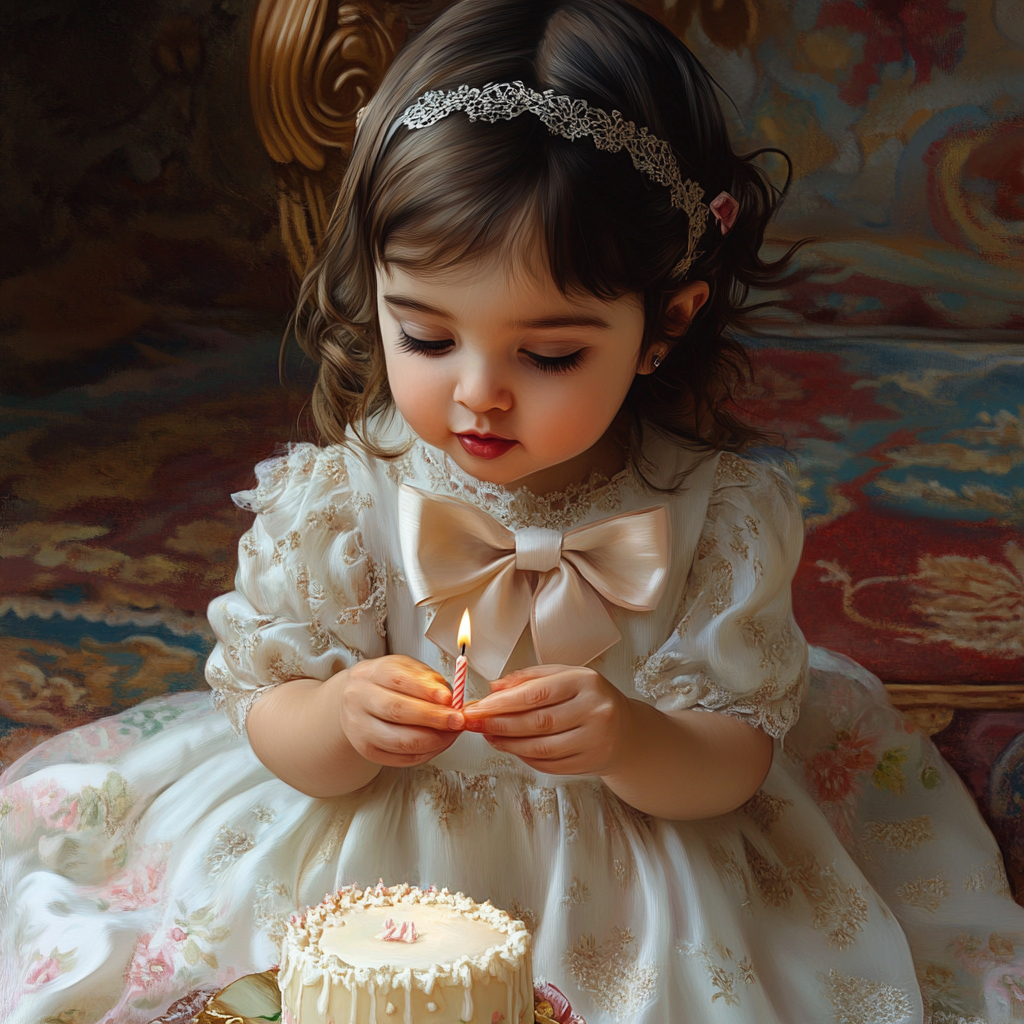 Iranian one-year-old in full-length birthday dress blowing candle.