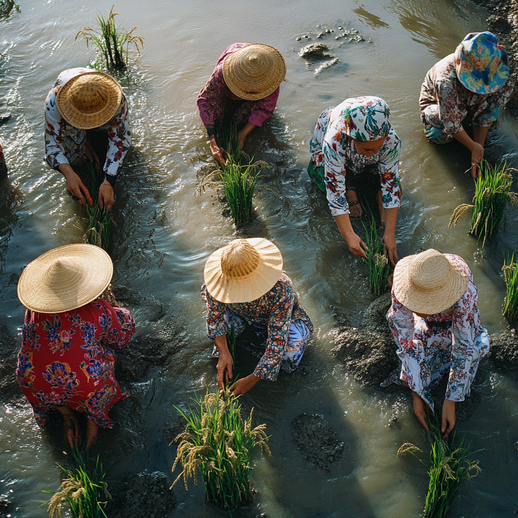 Iranian people plant rice seedlings in colorful outfits.