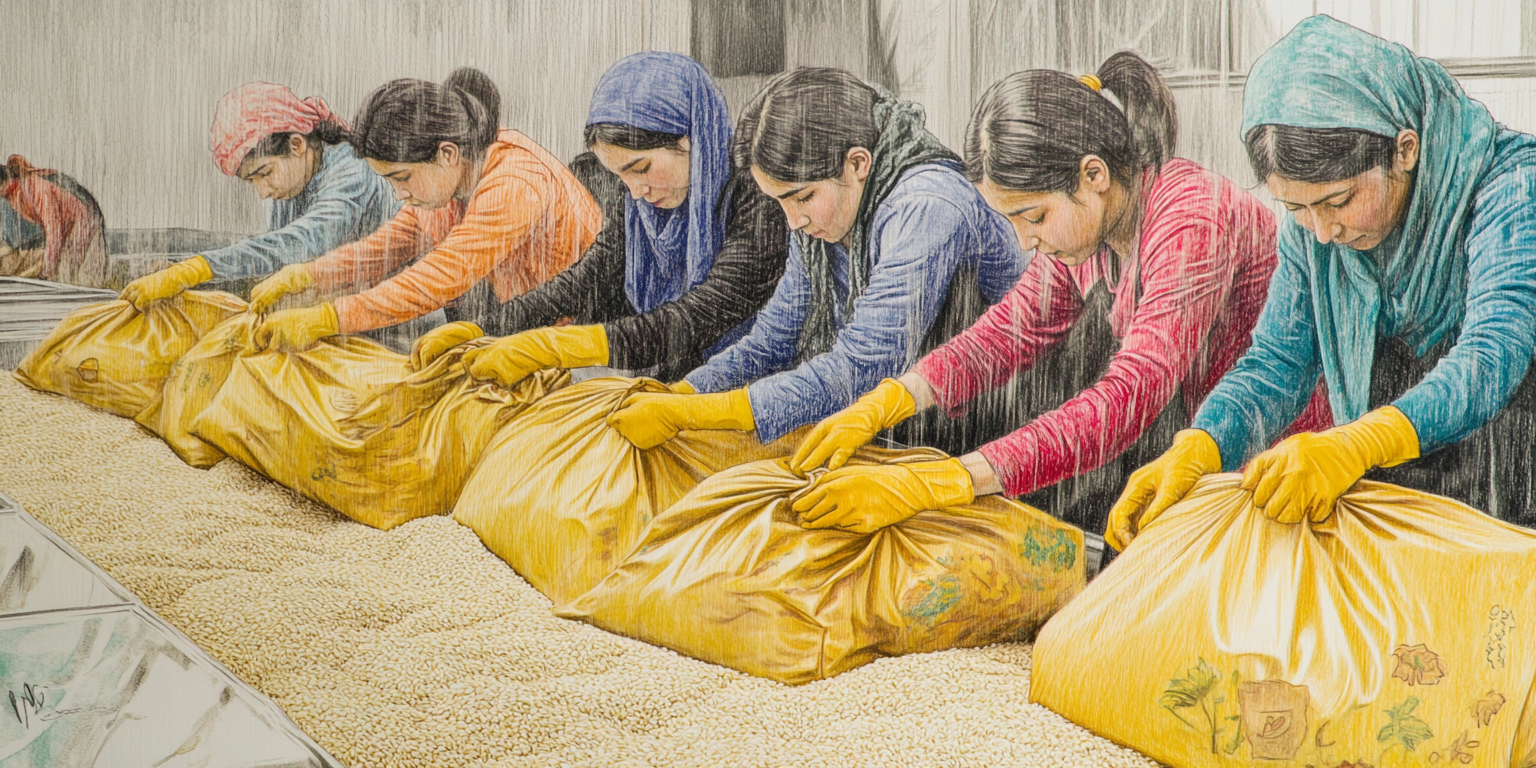 Iranian women workers sketching, neatening rice in factory.