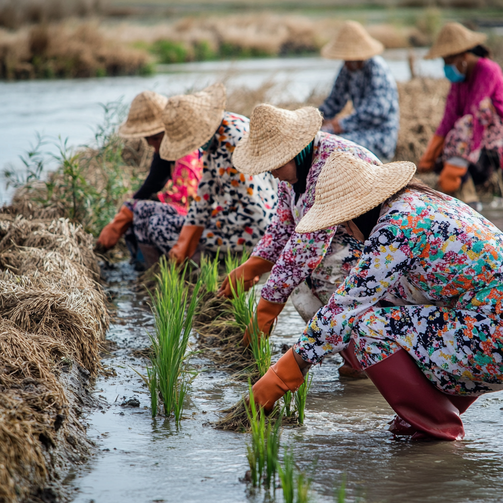 Iranians wearing colorful outfits planting rice seedlings by river.