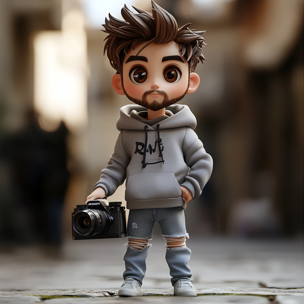 Iraqi boy with beard, hoodie and camera figurine.