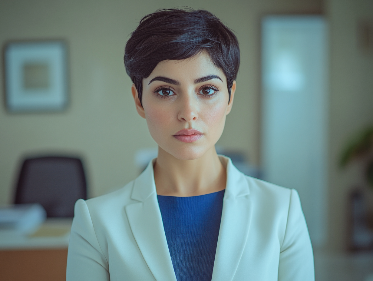 Iraqi woman in professional outfit stands at desk.