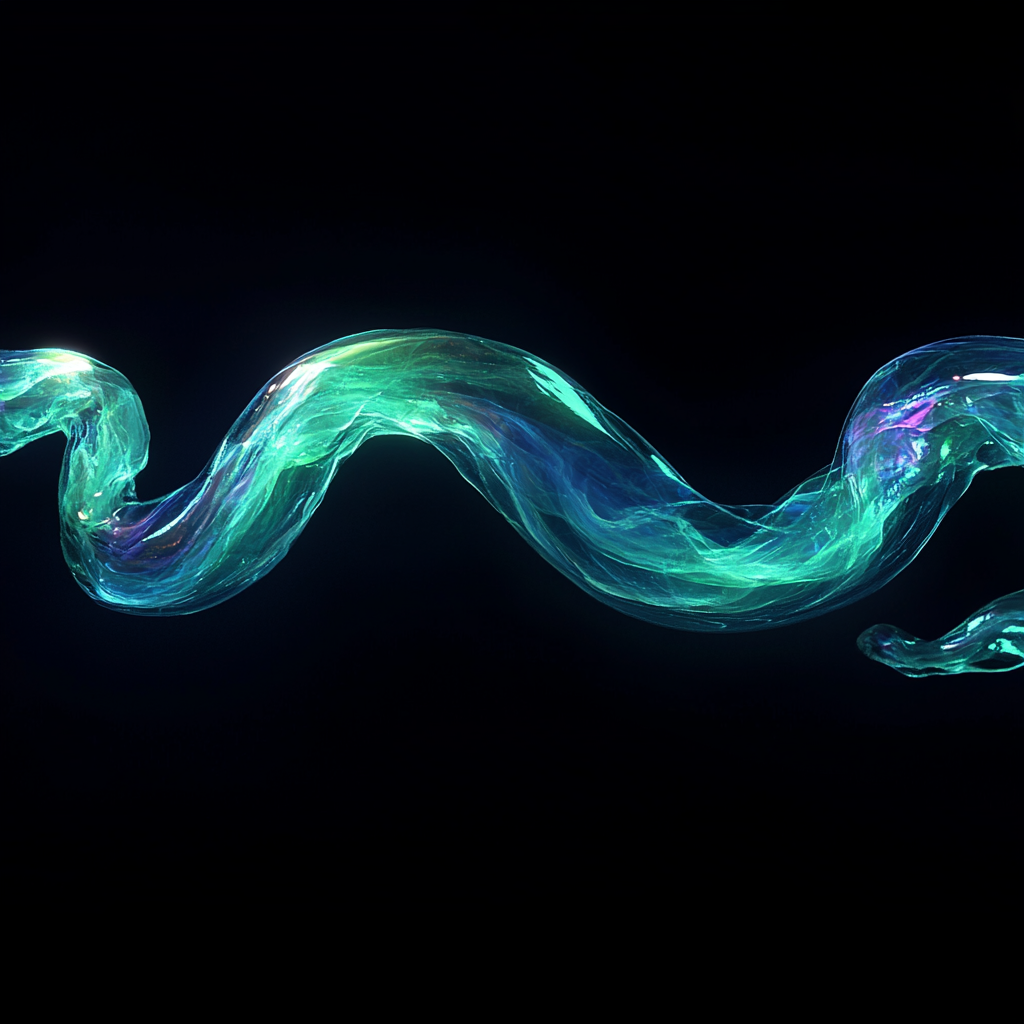 Iridescent snake-like water wave, blue-green gradient, black background.