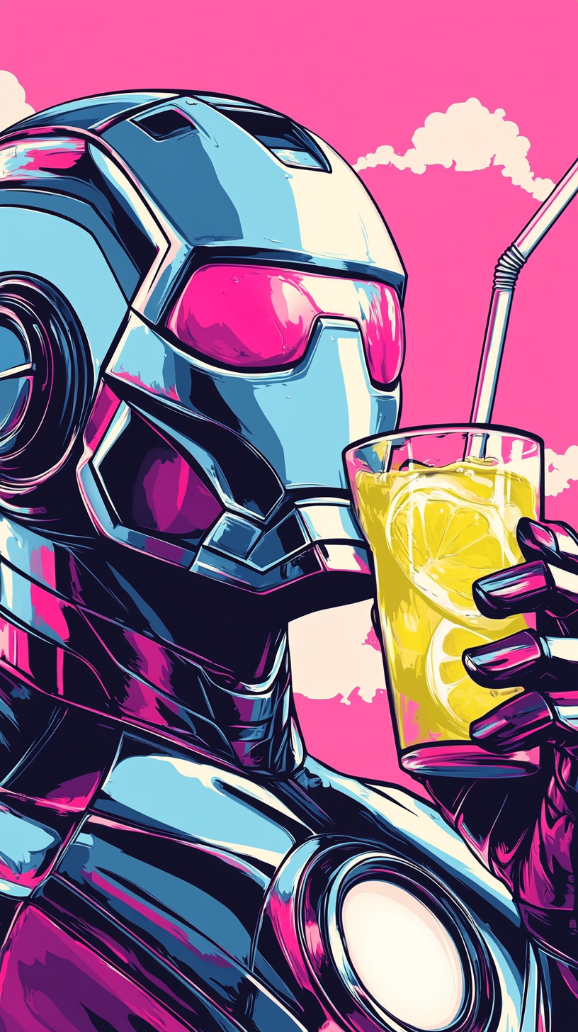 Iron Man Drinking Lemonade in Pop Art Style