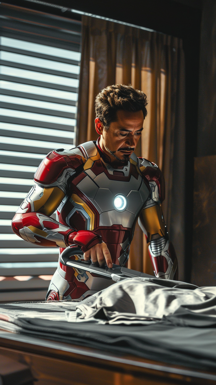 Iron Man Ironing Clothes in Modern Bedroom Scene