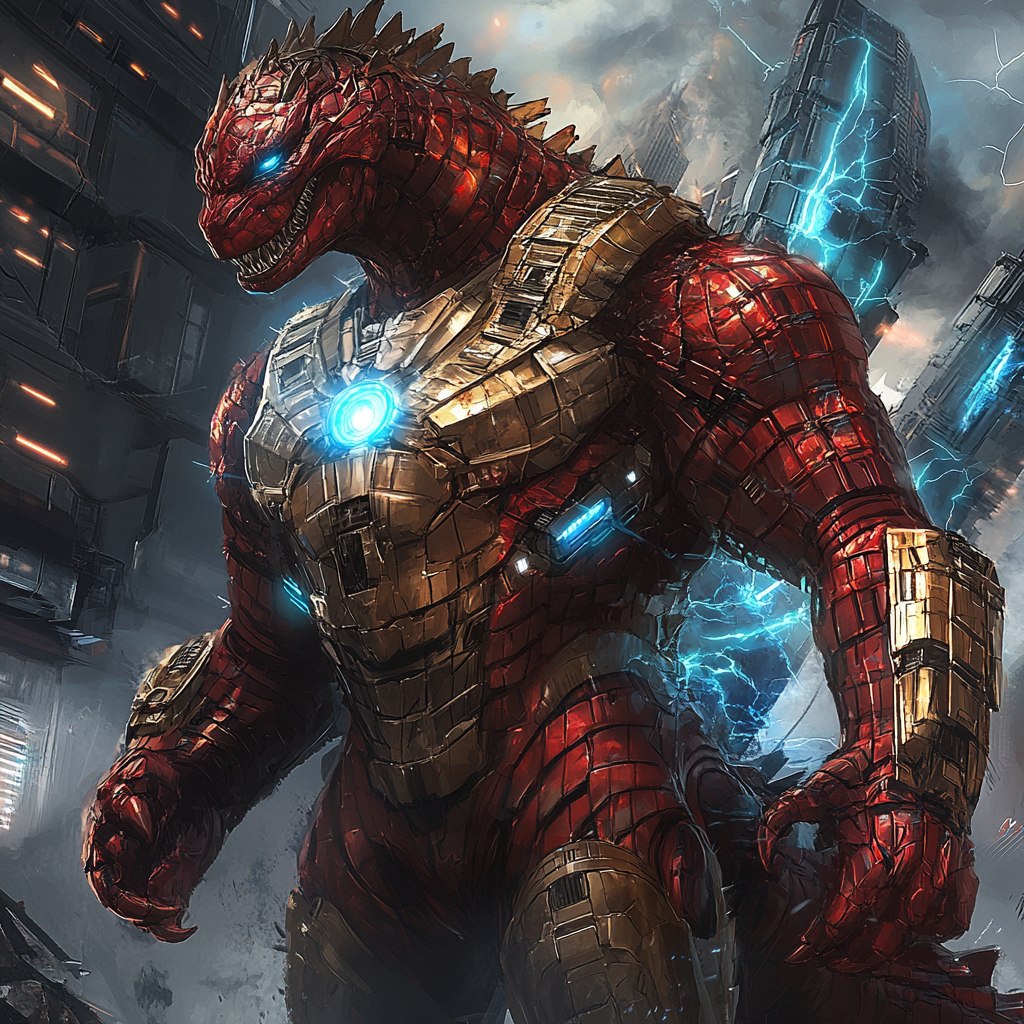 Iron Man and Godzilla fusion with glowing arc reactors.