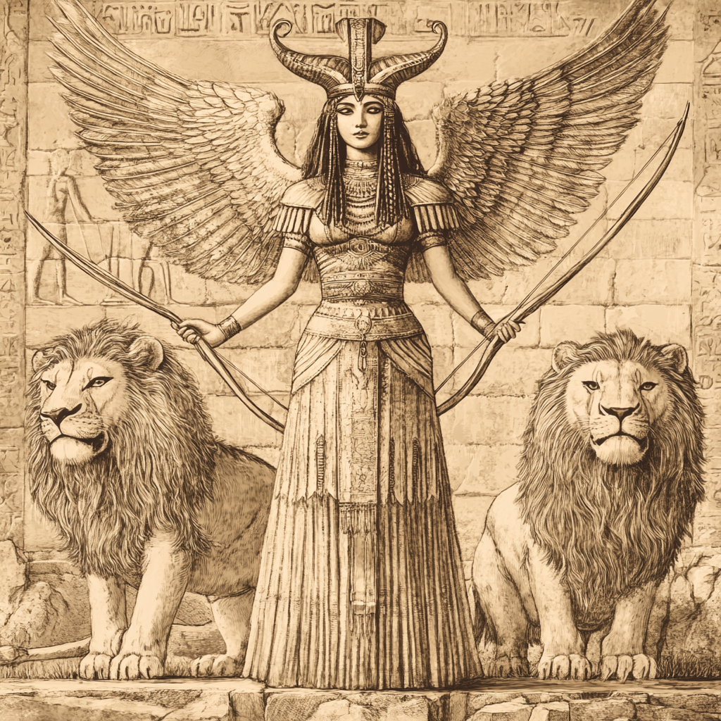 Ishtar, Mesopotamian goddess in crown, gown, bow, and wings.