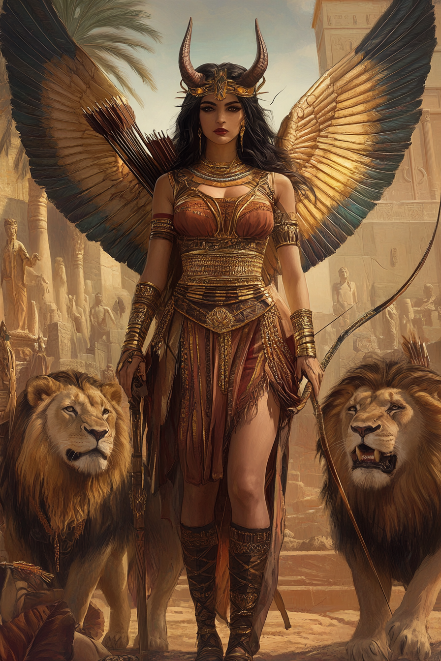 Ishtar, beautiful Mesopotamian goddess of love, beauty, war illustration