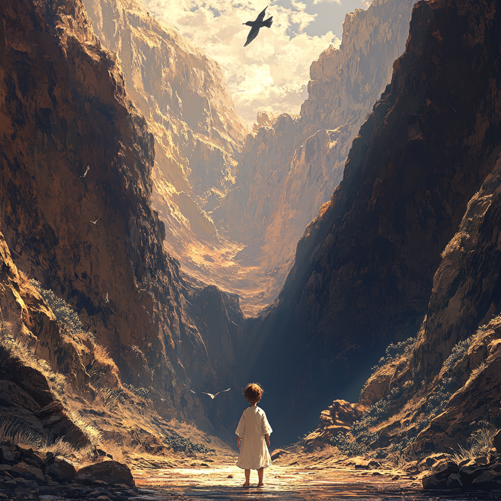 Isolated Child Walking in Artistic Valley Sunset Scene