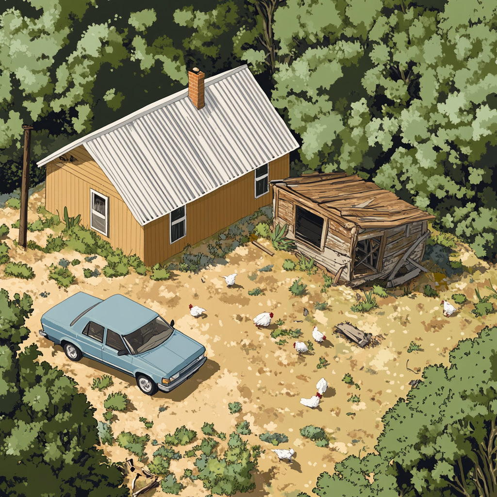 Isometric portrait of a mountain home with chicken coop.