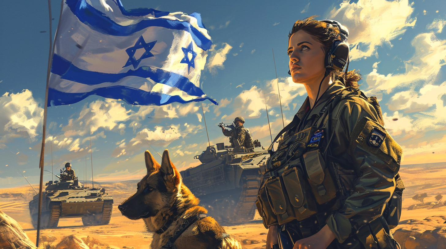 Israeli female soldiers with German Shepherd in action