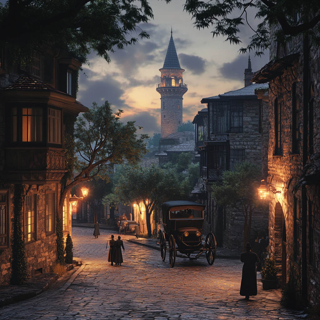 Istanbul 1900s Cityscape Render with Tower and Old Cars