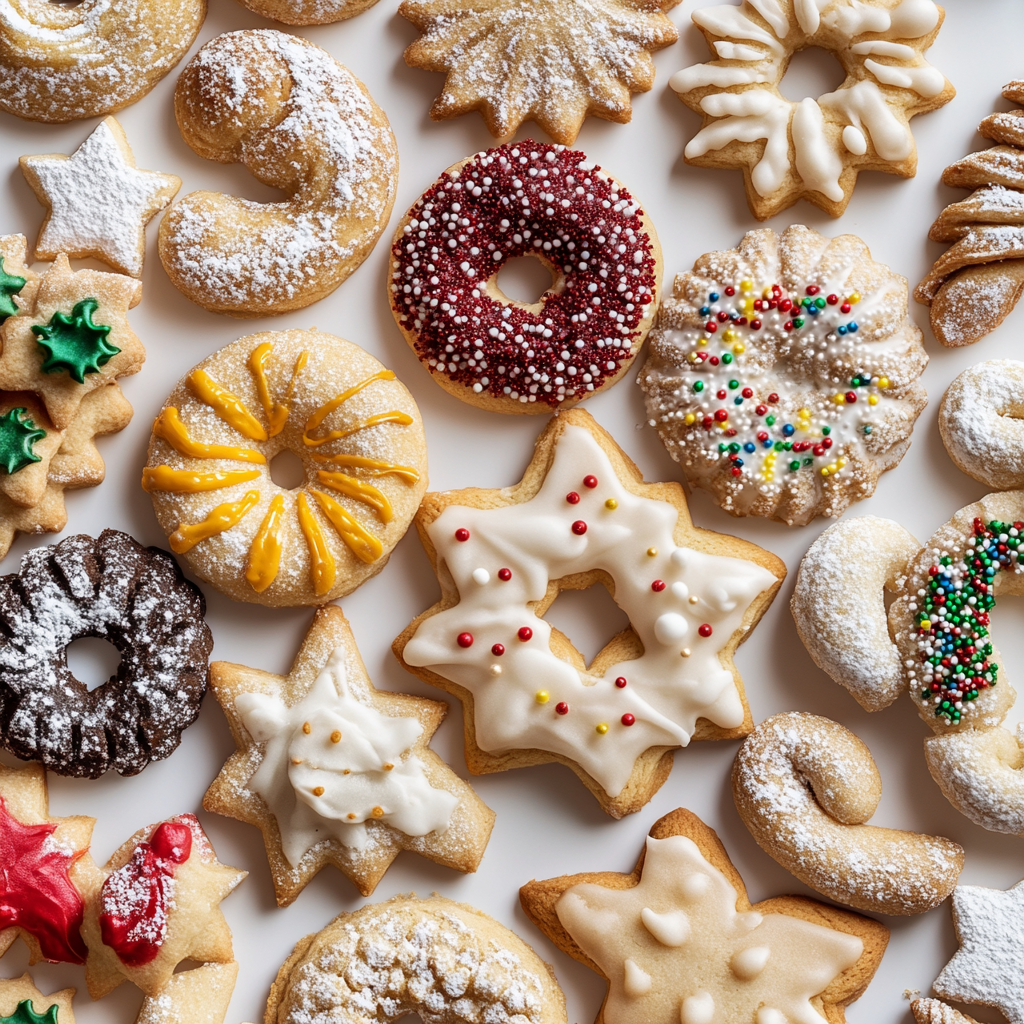 Italian Christmas cookies arranged on white background. Sprinkles & icing.