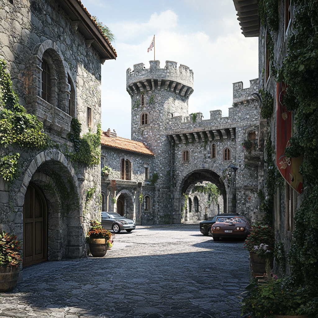 Italian and Chinese castle street with parked cars, daytime view.