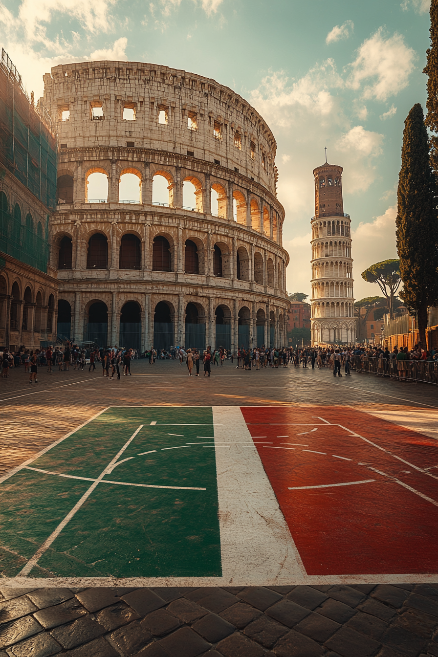 Italian basketball court with flag, Colosseum, traditional clothing.