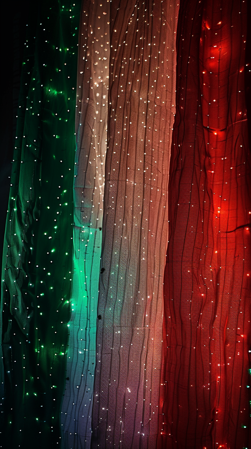 Italian flag illuminated, glittering, realistic. Occupying whole picture.