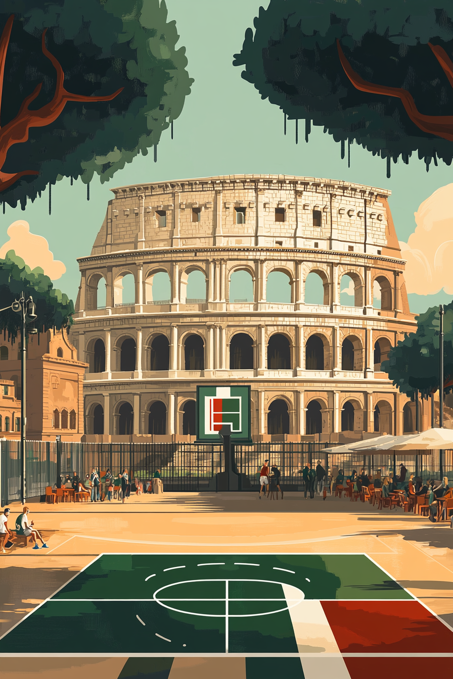 Italian flag inspired basketball court in front of Colosseum.