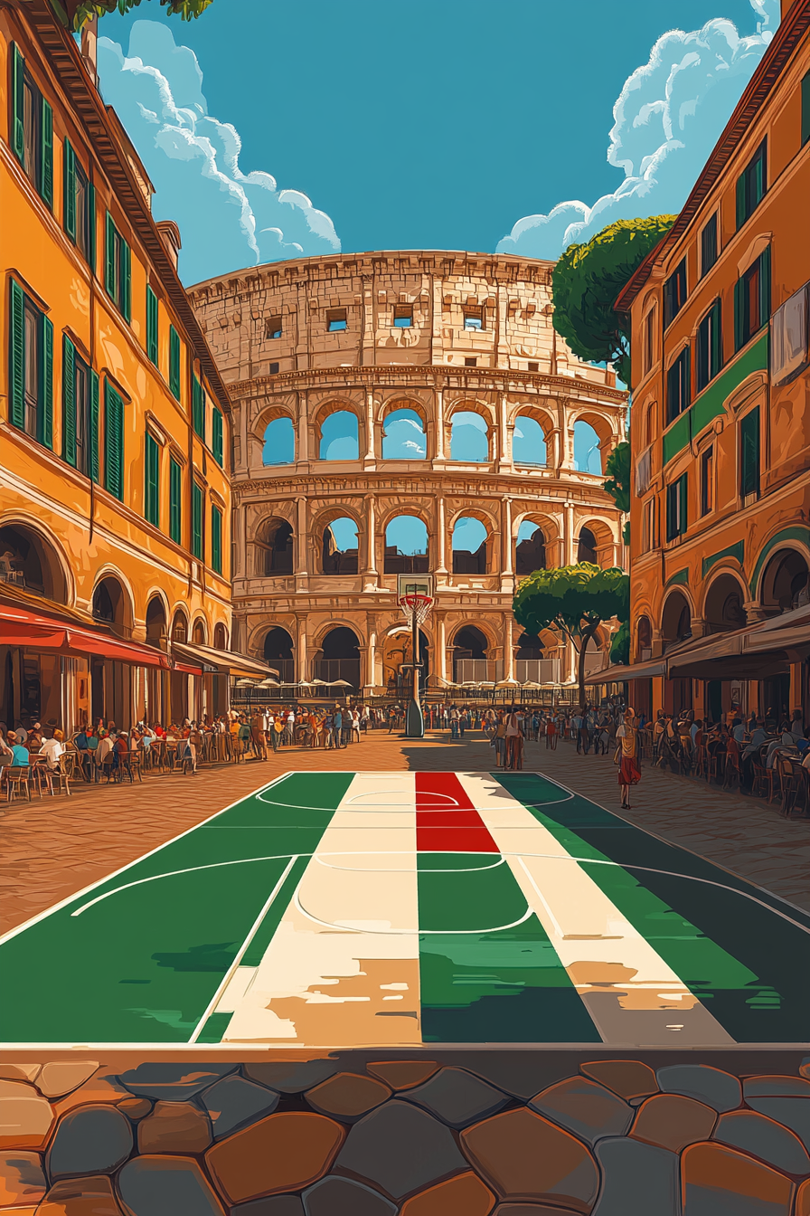 Italian flag-themed basketball court near Colosseum, bustling with locals.